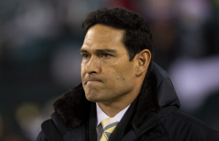 Fox TV analyst Mark Sanchez looks on prior to the game between the Washington Football Team and Philadelphia Eagles