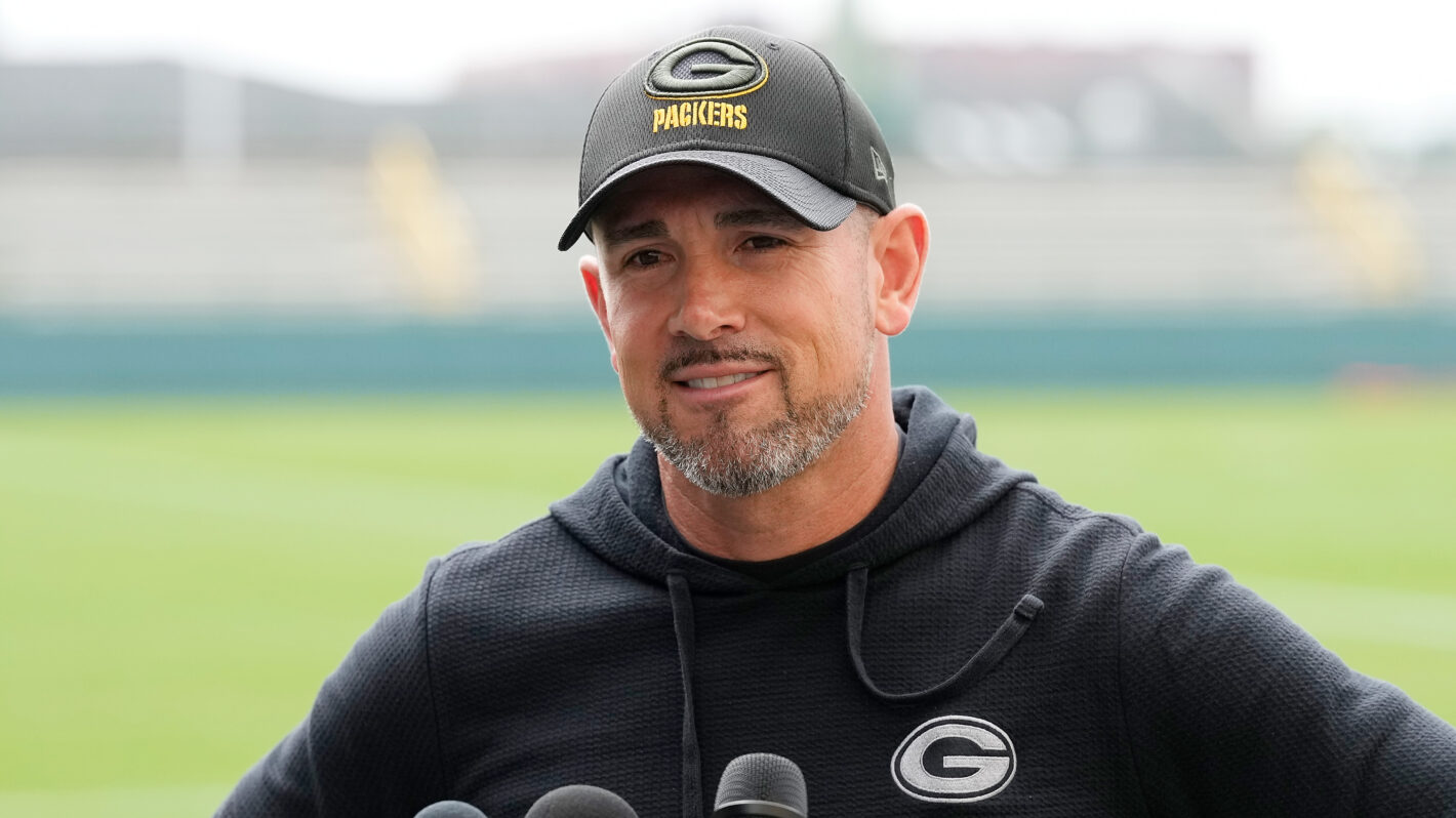 Head coach Matt LaFleur talks with the media before the Green Bay Packers mandatory minicamp at Don Hutson Center