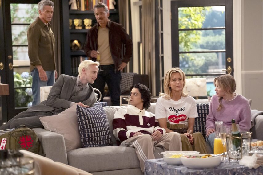 Tim Daly as James, Bill O'Neill as Arvid, Al Madrigal as Dan, Ignacio Diaz-Silverio as Lolo, Tea Leoni as Jeanie, Emma Meisel as Poppy — 'Newlyweds'