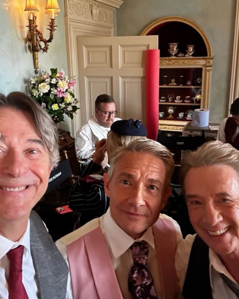 Adrian Lukis, Martin Freeman, and Martin Short behind the scenes of 'Only Murders in the Building' Season 6
