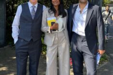 Adrian Lukis, Simone Ashley, and Sean Teale behind the scenes of 'Only Murders in the Building' Season 6