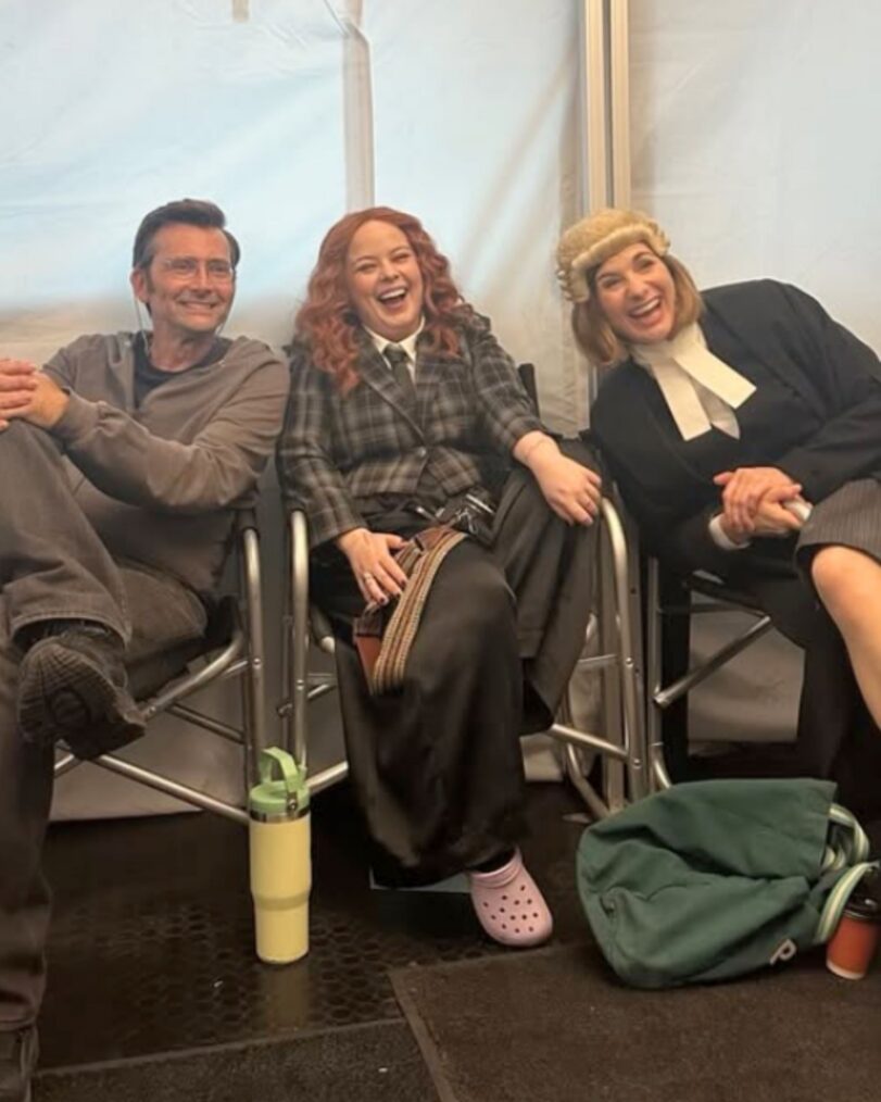 David Tennant, Nicola Coughlan, and Jodie Whittaker behind the scenes of 'Only Murders in the Building' Season 6