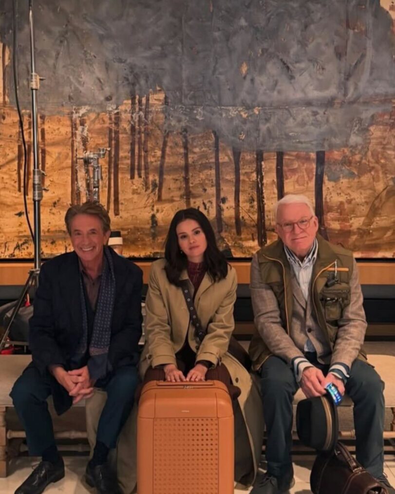 Martin Short, Selena Gomez, and Steve Martin behind the scenes of 'Only Murders in the Building' Season 6