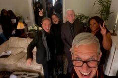 Martin Short, Selena Gomez, Steve Martin, Da'Vine Joy Randolph, and John Hoffman behind the scenes of 'Only Murders in the Building' Season 6