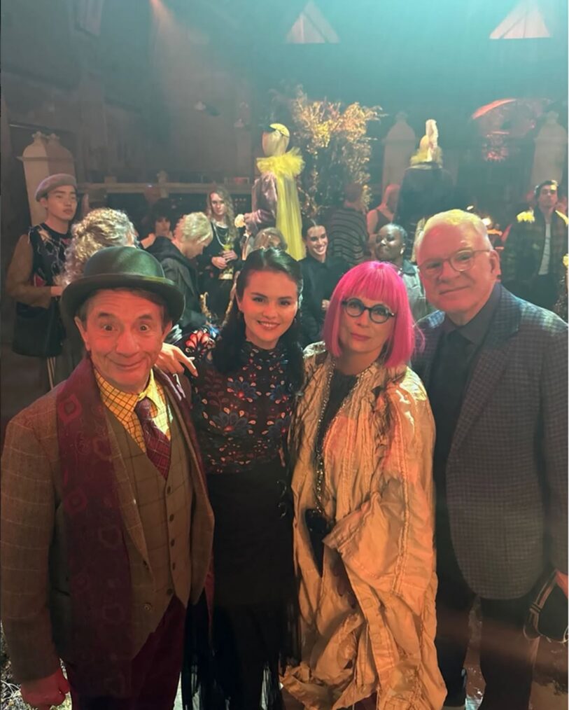 Martin Short, Selena Gomez, Jennifer Saunders, and Steve Martin behind the scenes of 'Only Murders in the Building' Season 6