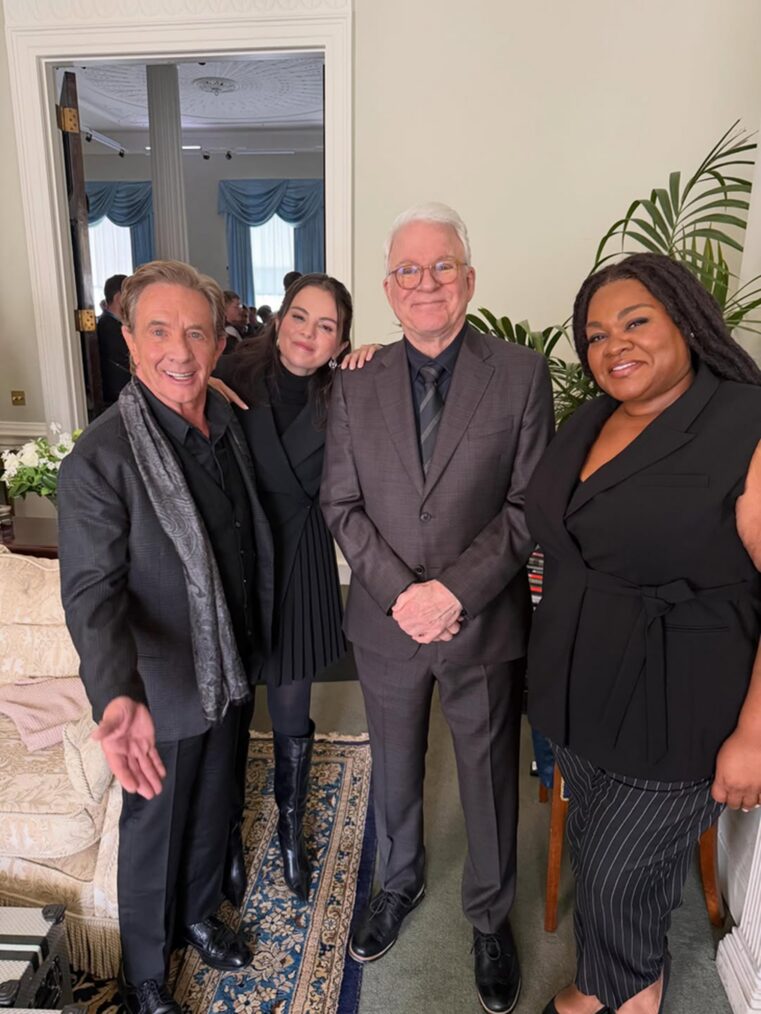 Martin Short, Selena Gomez, Steve Martin, and Da'Vine Joy Randolph behind the scenes of 'Only Murders in the Building' Season 6