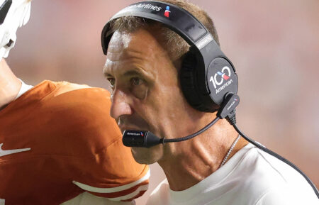 Steve Sarkisian coaching the Texas Longhorns during the fourth quarter against the Ohio State Buckeyes at Darrell K Royal-Texas Memorial Stadium on September 12, 2026, in Austin, Texas