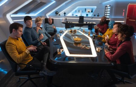 Paul Wesley as James T. Kirk, Ethan Peck as Spock, Jess Bush as Christine Chapel, Brian Markinson as Dr.Boyce, Martin Quinn as Scotty, and Celia Rose Gooding as Uhura — 'Star Trek: Strange New Worlds' Season 4 Finale 