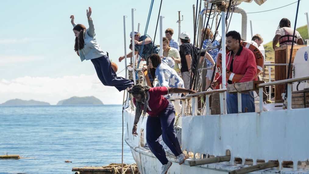 Alexis Levine and Sharonda Cox jump off a boat in the 'Survivor 51' premiere marooning challenge