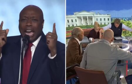 Tim Scott speaking at the GOP midterm convention on September 9, 2026, in Dallas, Texas; the 'Morning Joe' panel praying for Scott the following day