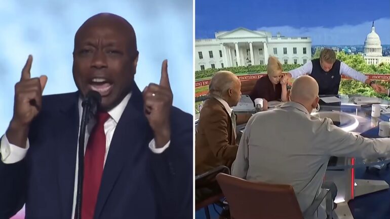Tim Scott speaking at the GOP midterm convention on September 9, 2026, in Dallas, Texas; the 'Morning Joe' panel praying for Scott the following day