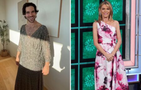 (left) Nikko Santo Pietro in one of his mom's dresses, (right) Vanna White on "Wheel of Fortune"