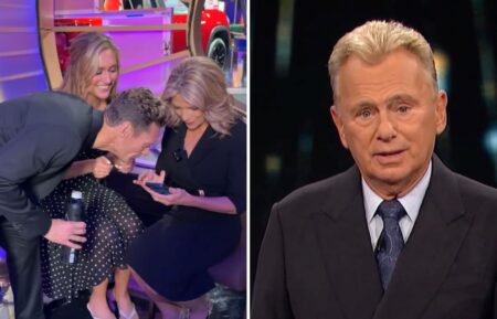 (left) Ryan Seacrest, Vanna White, and Maggie Sajak on the set of "Wheel of Fortune" in September 2026, (right) Pat Sajak on the set of the game show in 2024