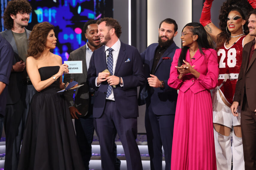 Coverage of the CBS Original Series Big Brother, season 28 finale, airing live Thursday, October 1, 2026 on the CBS Television Network and streaming on Paramount+. Pictured: Drew Campbell, Barrett Pfeiffer, Julie Chen Moonves, Chuk Anyanwu, Devens, Taylor Brown and Kamu Kirk. Photo: Matthew Taplinger/CBS ©2026 CBS Broadcasting, Inc. All Rights Reserved.