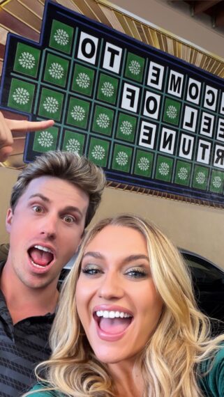 Maggie Sajak and Jackson Olson on the set of 