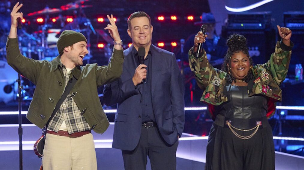 Alt Bloom, Carson Daly, and Morgan Lett, 'The Voice,' Season 30, Episode 7, NBC, October 12, 2026.