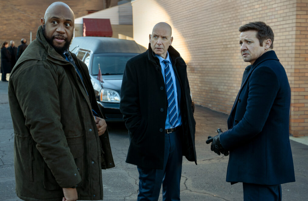L-R: Derek Webster as Stevie, Hugh Dillon as Ian and Jeremy Renner as Mike McLusky in Mayor of Kingstown season 5, streaming on Paramount+, 2027. Credit: Jeremy Parsons/Paramount+