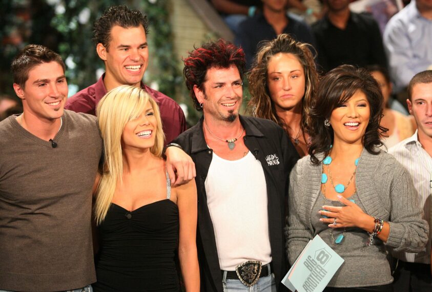 LOS ANGELES, CA - SEPTEMBER 18: (L-R) Contestant Nick Starcevic, runner up contestant Daniele Donato, contestant Zach Swerdzewski, Dick Donato, winner of "Big Brother 8", contestant Amber Siyavus and host Julie Chen speak during the "Big Brother 8" live show finale at CBS Radford Studios on September 18, 2007 in Los Angeles, California. (Photo by Frederick M. Brown/Getty Images)