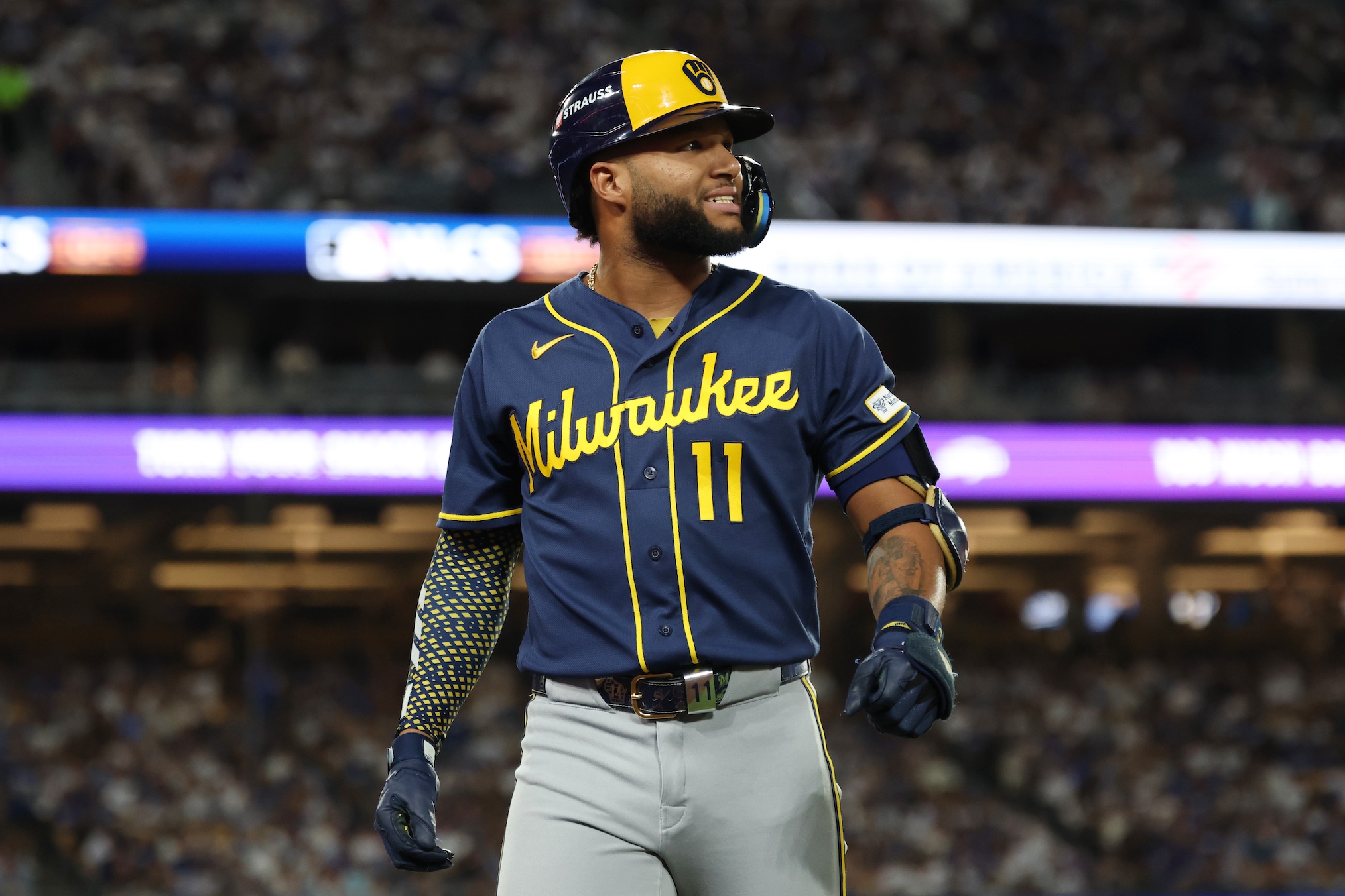 Jackson Chourio #11 of the Milwaukee Brewers reacts after lining out against the Los Angeles Dodgers during the fifth inning in game four of the National League Championship Series at Dodger Stadium on October 15, 2026 in Los Angeles, California