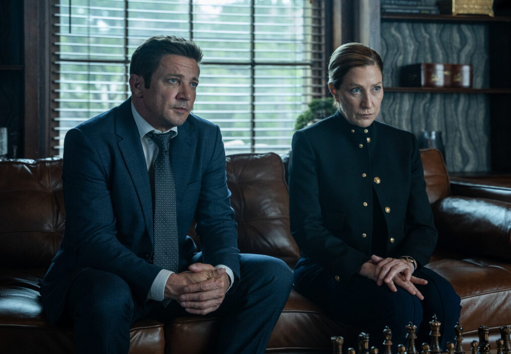 L-R: Jeremy Renner as Mike McLusky and Edie Falco as Nina Hobbs in Mayor of Kingstown season 5, streaming on Paramount+, 2027. Credit: Jeremy Parsons/Paramount+