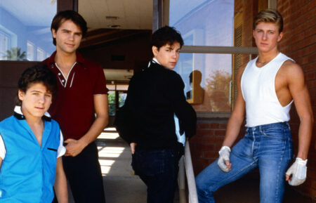 JUST ONE OF THE GUYS, Billy Jacoby, Clayton Rohner, Joyce Hyser, William Zabka, Steve Basil, 1985, (c) Columbia/courtesy Everett Collection