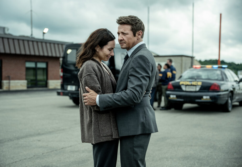 Laura Benanti as Cindy Stephens and Jeremy Renner as Mike McLusky in Mayor of Kingstown season 5, streaming on Paramount+, 2027. Credit: Jeremy Parsons/Paramount+