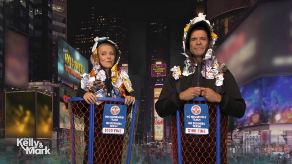 Kelly Ripa & Mark Consuelos as New York Knicks Trash Cans, 'Live With Kelly and Mark' Halloween, October 30, 2026.