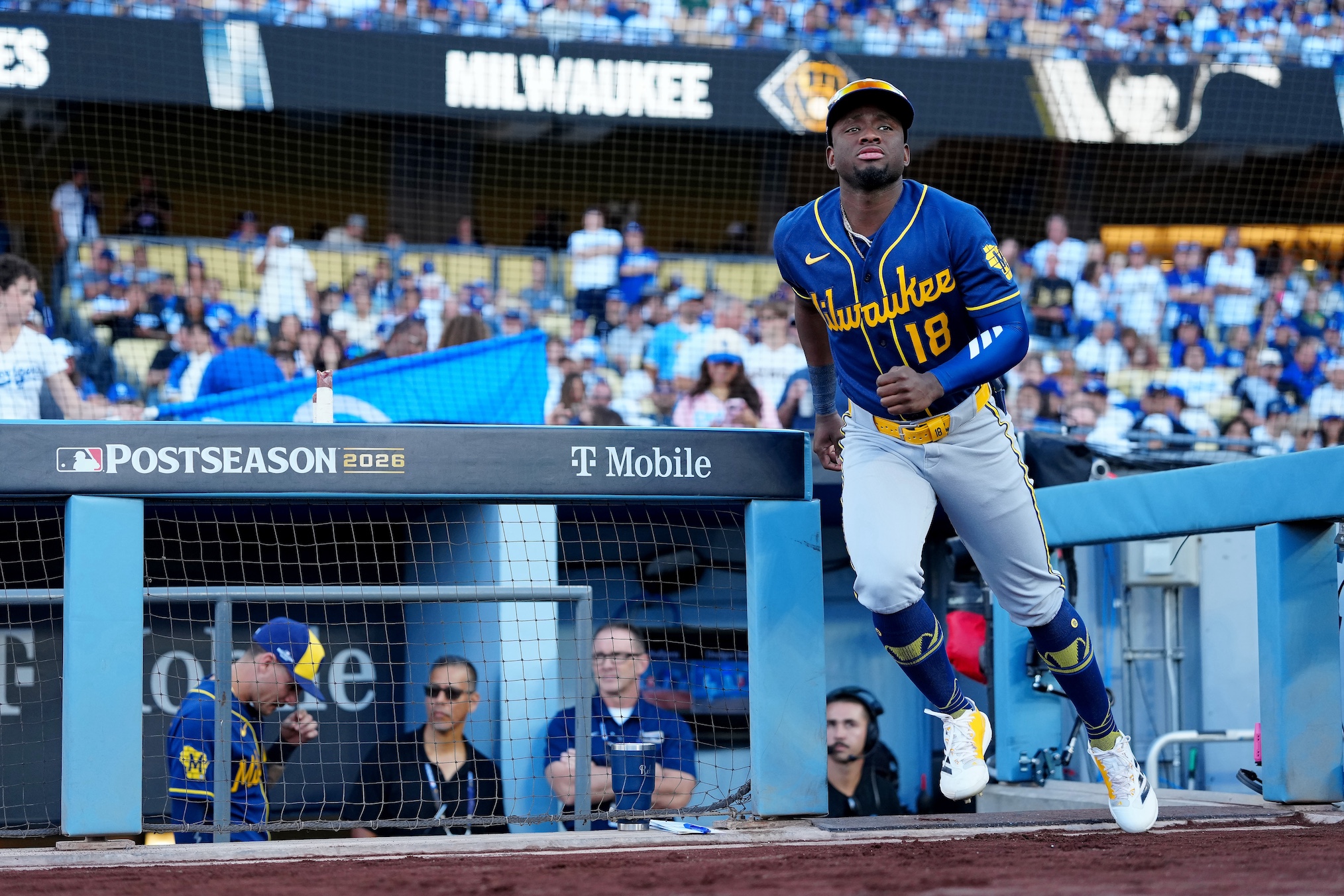 Luis Lara #18 of the Milwaukee Brewers takes the field prior to Game Three of the National League Championship Series between the Milwaukee Brewers and the Los Angeles Dodgers at UNIQLO Field at Dodger Stadium on Wednesday, October 14, 2026 in Los Angeles, California.