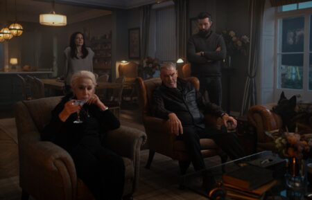 L-R Helen Mirren as Maeve Harrigan, Lara Pulver as Bella Harrigan, Pierce Brosnan as Conrad Harrigan and Emmett J Scanlan as Paul in MobLand, season 2, streaming on Paramount+, 2026. Photo Credit: Luke Varley/Paramount+
