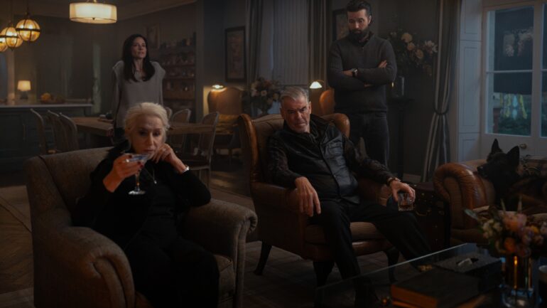 L-R Helen Mirren as Maeve Harrigan, Lara Pulver as Bella Harrigan, Pierce Brosnan as Conrad Harrigan and Emmett J Scanlan as Paul in MobLand, season 2, streaming on Paramount+, 2026. Photo Credit: Luke Varley/Paramount+