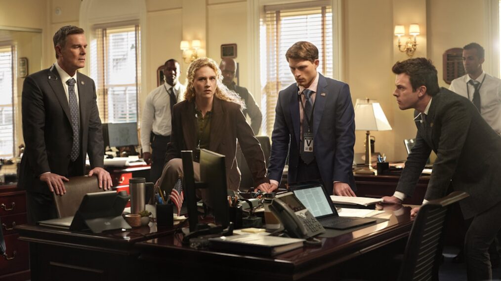 Peter Krause, Kat Cunning, Taylor Bloom, and Tommy O'Brien, 'Line of Fire,' Season 1, Episode 6, NBC, October 26, 2026.
