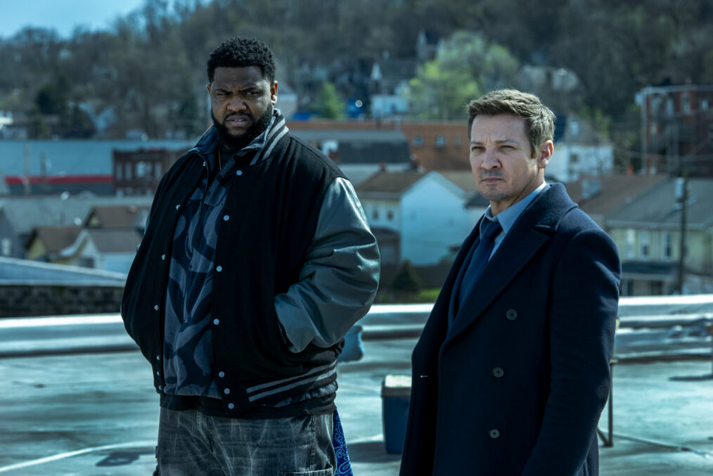 Tobi Bamtefa as Deverin "Bunny" Washington and Jeremy Renner as Mike McLusky in Mayor of Kingstown season 5, streaming on Paramount+, 2027. Credit: Jeremy Parsons/Paramount+