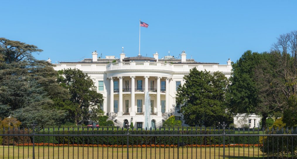 White House on deep blue sky background in Washington DC, USA.