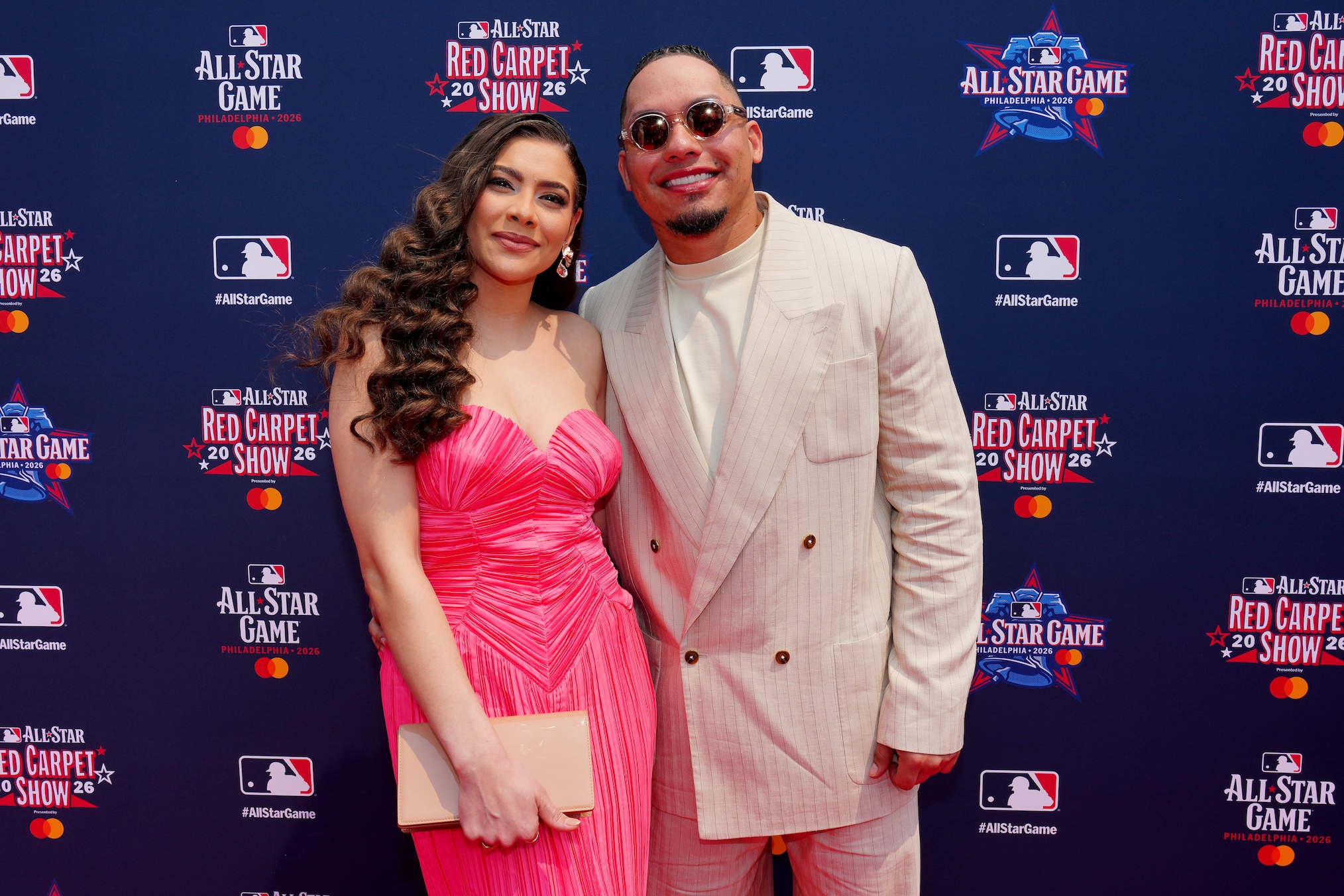 William Contreras #24 of the Milwaukee Brewers poses for a photo with his family during the 2026 All-Star Red Carpet Show presented by Mastercard at Independence Mall on Tuesday, July 14, 2026 in Philadelphia, Pennsylvania.