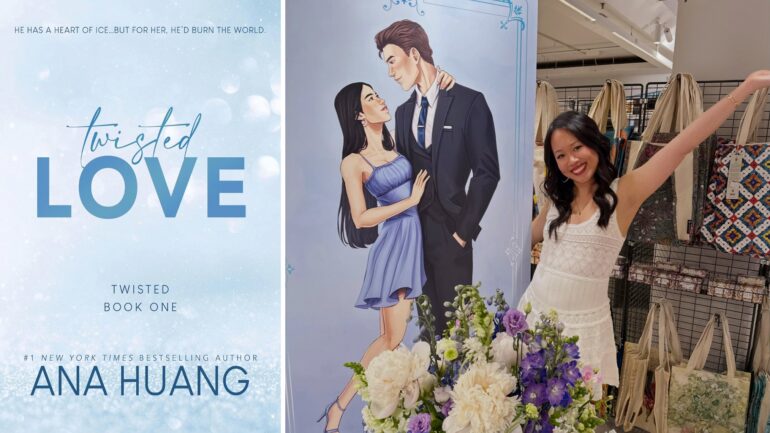 Ana Huang author of 'Twisted Love' posing with Alex and Ava illustration
