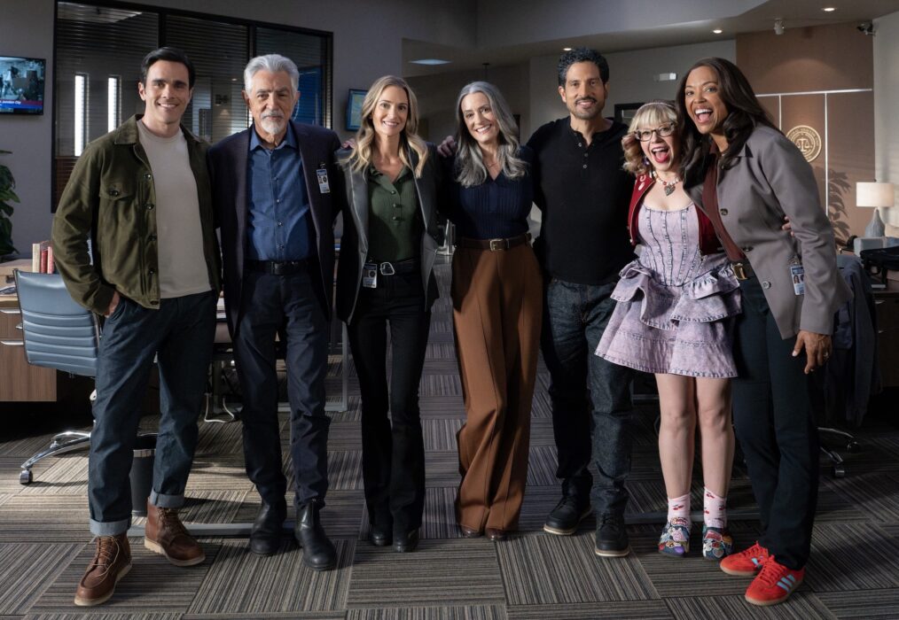 RJ Hatanaka as Tyler Green, Joe Mantegna as David Rossi, A.J. Cook as Jennifer ‘JJ’ Jareau, Paget Brewster as Emily Prentiss, Adam Rodriguez as Luke Alvez, Kirsten Vangsness as Penelope Garcia, and Aisha Tyler as Dr. Tara Lewis — Behind the Scenes of 'Criminal Minds: Evolution'