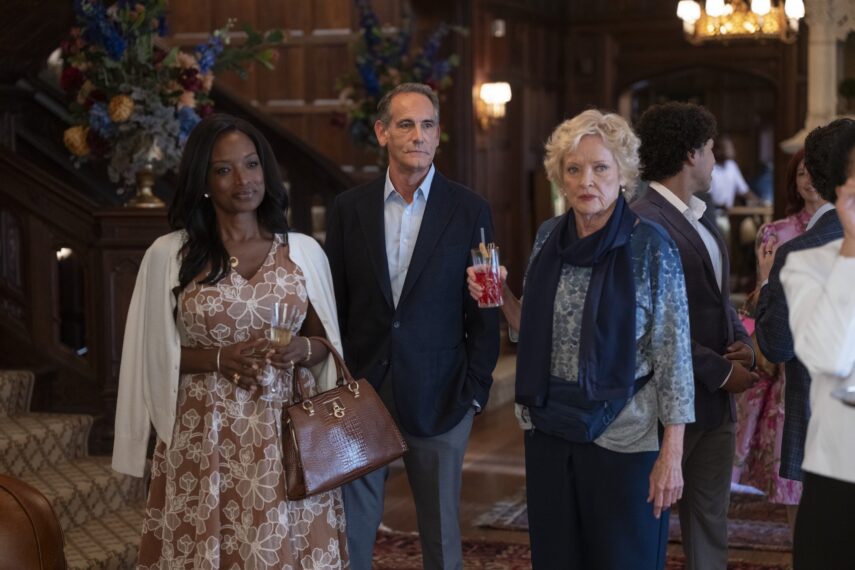 Erika Woods as Yvette Stratton, Damian Young as Glenn Stratton, and Christine Ebersole as Lydia Guðmundsdóttir in 'Elsbeth' Season 4 Episode 4
