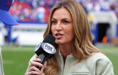 Fox Sports reporter Erin Andrews on the field after a game between the Buffalo Bills and the Los Angeles Chargers at Highmark Stadium on September 27, 2026