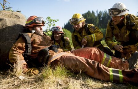 Ethan Jones Romero as Angel Perez, Jules Latimer as Eve Edwards, Max Thieriot as Bode Leone, and Kevin Alejandro as Manny Perez — 'Fire Country' Season 5 Episode 2 "Fire Under Fire"