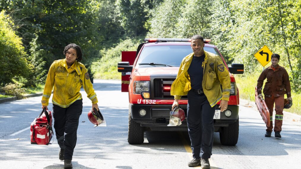 Jules Latimer as Eve Edwards, Jordan Calloway as Jake Crawford, and Kavandeep Hayre as Gunnar — 'Fire Country' & 'Sheriff Country' Crossover "No Way Out"