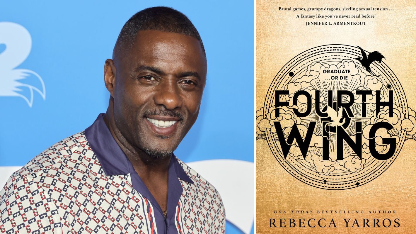 Idris Elba at the Sonic the Hedgehog 2 premiere (left), Fourth Wing by Rebecca Yarros cover (right)