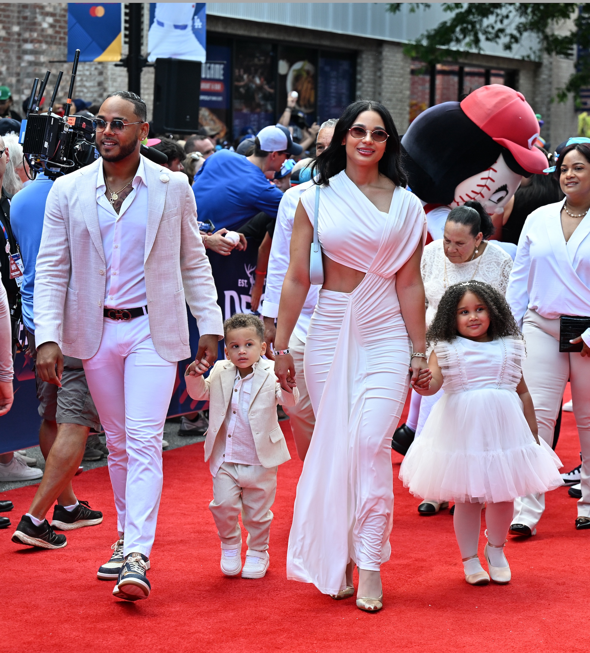 Freddy Peralta #51 of the Milwaukee Brewers walks the carpet with family arrives at the 2025 MLB All-Star Game red carpet at Truist Park on July 15, 2025 in Atlanta, Georgia.