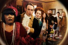 Danielle Pinnock, Brandon Scott Jones, Rebecca Wisocky, Sheila Carrasco, Devan Chandler Long, Asher Grodman, and Roman Zaragoza in 'Ghosts' Season 6 Halloween special