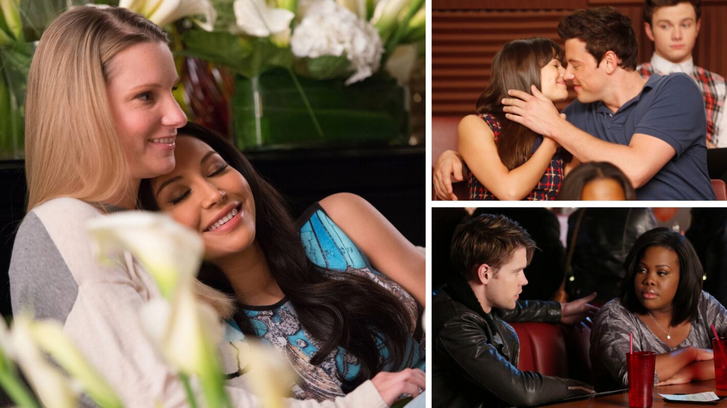 Heather Morris, Naya Rivera, Lea Michele, Cory Monteith, Chord Overstreet, and Amber Riley as Brittany, Santana, Rachel, Finn, Sam, and Mercedes in 'Glee'