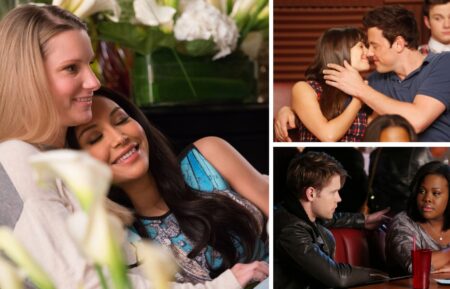 Heather Morris, Naya Rivera, Lea Michele, Cory Monteith, Chord Overstreet, and Amber Riley as Brittany, Santana, Rachel, Finn, Sam, and Mercedes in 'Glee'
