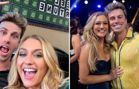 MAggie Sajak and Jackson Olson on thr set of "Wheel of Fortune" (left), (right) the couple at "Dancing with the Stars"
