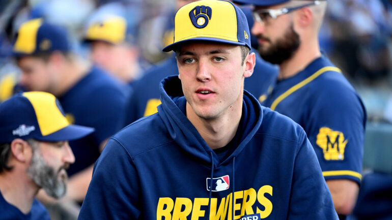 Jacob Misiorowski #32 of the Milwaukee Brewers prior to a Game 3 of a NLCS playoff baseball game against the Los Angeles Dodgers at Dodger Stadium