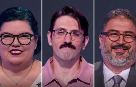 "Jeopardy!" contestants on October 19, 2026 — (from left) Aster Wise, Frank Merchlewitz, and Anthony Cantor