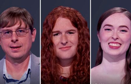 "Jeopardy!" contestants on October 29, 2026 — (from left) Andrew Medlin, Stefanie Landeweer, and Sarah Sinclair