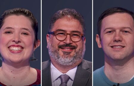 "Jeopardy!" contestants on October 20, 2026 — (from left) Amy Treber, Anthony Cantor, and Jim Snaza